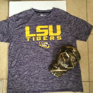 Russell Men’s Purple Heather LSU Short Sleeve T-Shirt, Size XL with LSU Camo Cap
